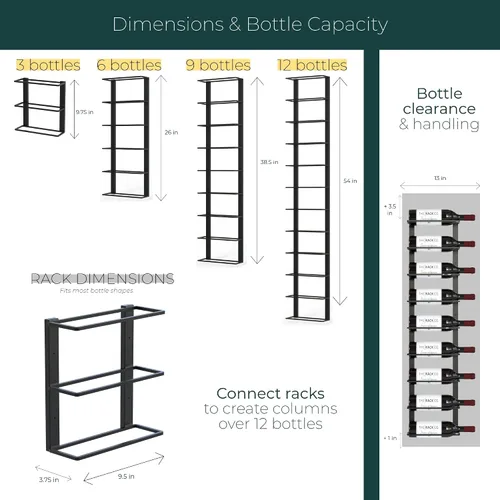 Vista 5 de TheRackCo. Wall Series - Estante para botellas de vino de doble marco (9 botellas) + sacacorchos con abrebotellas de vino gratis