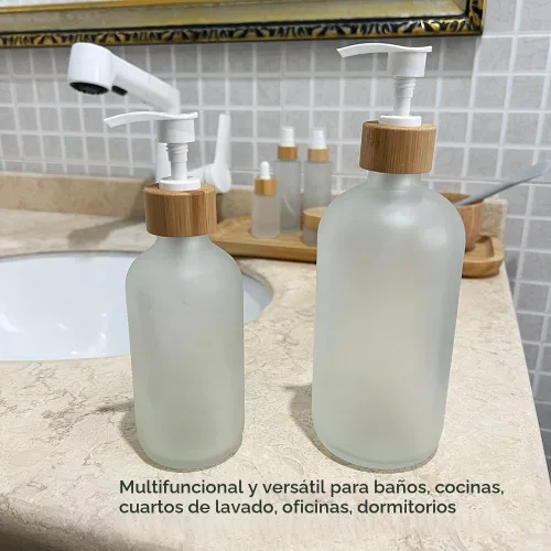 Vista 4 de 2 botellas de vidrio esmerilado rellenables vacías de 8.5 fl oz/8.3 onzas, contenedor de botellas de almacenamiento con cabezal de bomba de tornillo