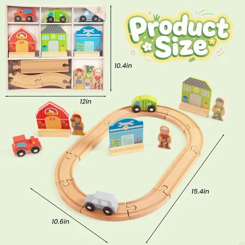 Vista 3 de Juego de Tren de Madera para Niños Pequeños, Vías de Madera Compatible con Thomas, Compatible con Brio, Compatible con Chuggington, Compatible
