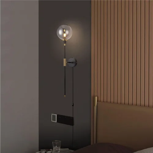 Vista 7 de KCO Apliques de pared con enchufe de 1 luz, cable de interruptor de encendido/apagado, lámpara de pared moderna negra con brazo largo de globo