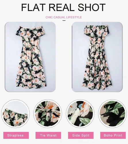 Vista 3 de Dokotoo Vestidos sin tirantes para mujer, casual, de verano, cintura alta, con abertura lateral, estilo bohemio, maxi vestido