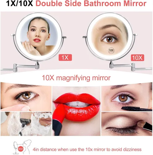 Vista 2 de Espejo de maquillaje LED con luces y aumento de 10 aumentos, espejo de tocador montado en la pared, redondo, de doble cara, con brazo extensible