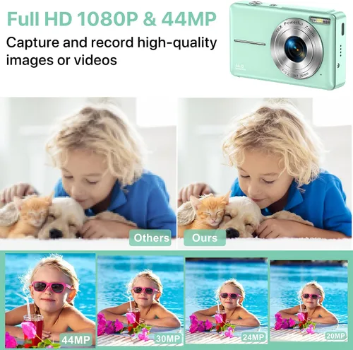 Vista 2 de Cámara digital FHD 1080P para niños, tarjeta SD de 32 GB, zoom 16X, punto y disparo compacto, portátil (verde)