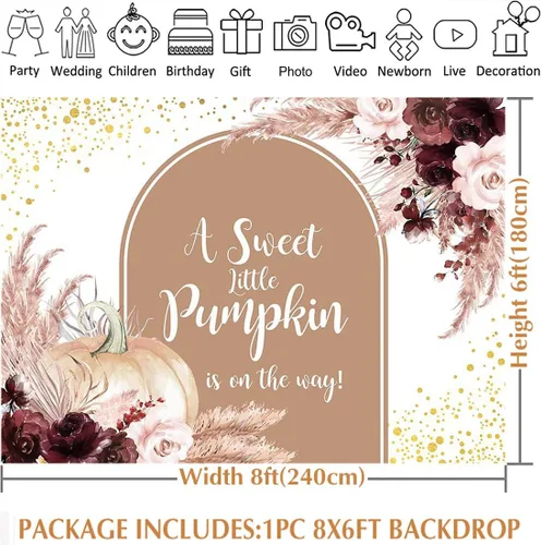 Vista 4 de Avezano Telón de fondo de calabaza para baby shower, estilo bohemio, pancarta de calabaza, otoño, Acción de Gracias, baby shower, 8 x 6 pies