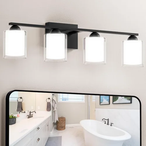 Vista 16 de Quntis Lámparas de baño de níquel cepillado con 5 modos de color, lámpara de tocador de baño moderna regulable de 3 luces sobre espejo, lámpara