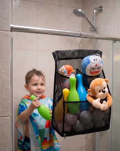 Vista 6 de ALYER Bolsa organizadora de juguetes de baño de malla colgante, organizador grande de almacenamiento para ducha con colgador duradero (negro)
