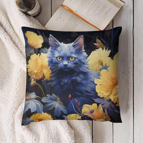 Vista 4 de Blue Cat in Bloom - Funda de almohada decorativa cuadrada suave con estampado de doble cara de 12 x 12 pulgadas, adorables almohadas de animales