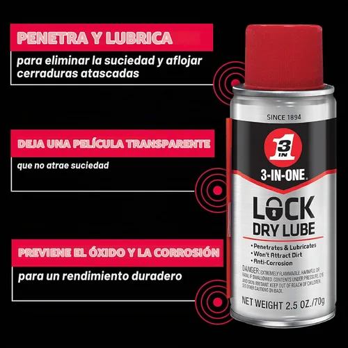 Vista 2 de 3-IN-ONE Lubricante Seco para Cerradura, 2.5 OZ Great on Automotive, Commercial Locks, Padlocks, Home Locks, Anti-Corrosion, Safe on Metal, Wood