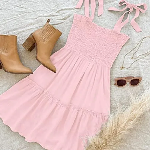 Vista 5 de ZESICA Vestido corto de verano para mujer, con tirantes delgados, sin mangas, cuello cuadrado, volantes, acampanado, con vuelo