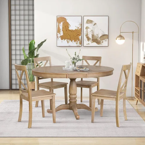 Vista 2 de P PURLOVE Juego de mesa de comedor extensible para 4 personas, mesa redonda de 5 piezas con 4 sillas para cocina y comedor Lavado de madera