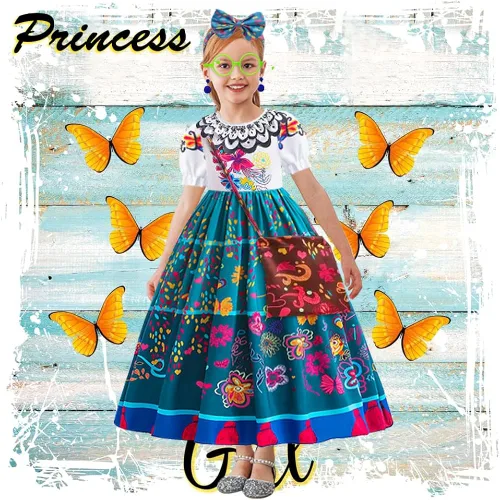 Vista 7 de TOLOYE Vestido de Encanto para niñas, disfraz de Mirabel, princesa Isabella, ropa con accesorios para fiesta de cumpleaños, cosplay