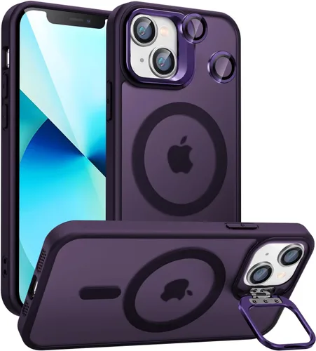 Vista 26 de Funda magnética para iPhone 11 con soporte, compatible con Magsafe, protección militar y protector de lente de cámara, funda translúcida mate