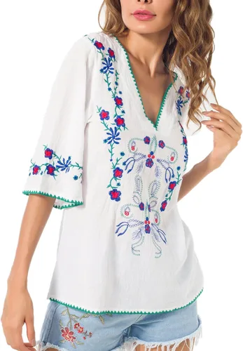 Vista 3 de YZXDORWJ Blusas estilo túnica mexicanas con bordado bohemio de verano para mujer