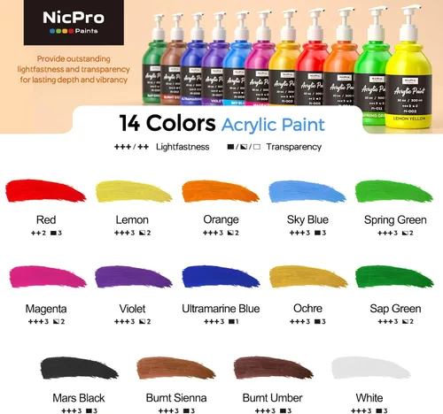 Vista 2 de Nicpro Juego de pintura acrílica de 14 colores (10 onzas/10.1 fl oz), kits de pinturas acrílicas grandes a granel con pigmentos ricos para artistas