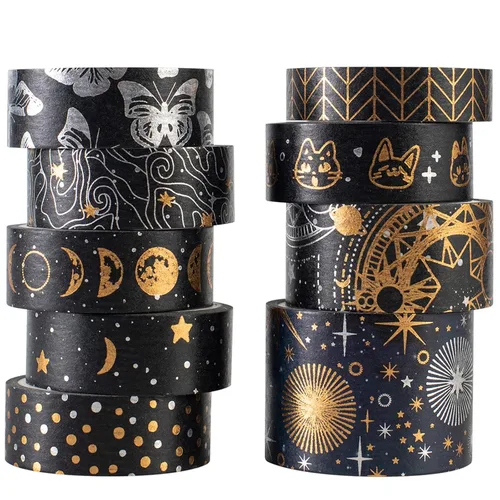 Vista 10 de YUBBAEX Mystic Gold Washi Tape Set - Cinta adhesiva decorativa ancha de lámina plateada para artes, manualidades DIY, suministros para diarios