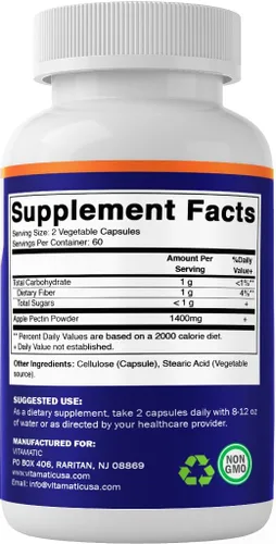 Vista 8 de Vitamatic Pectina de manzana 700 mg – 120 cápsulas vegetarianas por botella Suplemento de fibra dietética natural – Apoya la salud digestiva