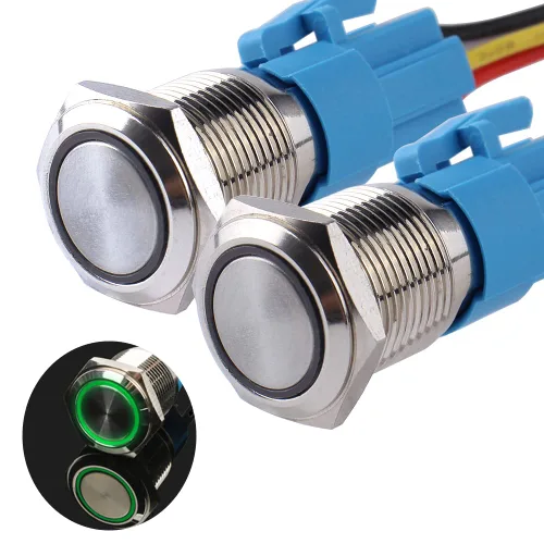 Vista 15 de Paquete de 2 interruptores de botón momentáneos de 0.63 pulgadas, 12 V-24 V, LED, impermeable, de metal, 1 NO 1 NC, con enchufe de cable