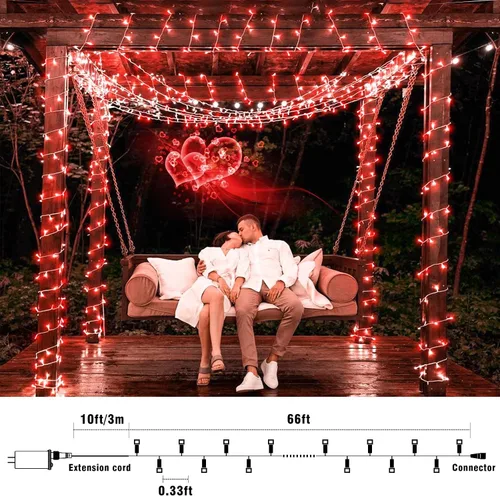 Vista 6 de Tira de 200 luces LED de 66 pies para exteriores, luces de Navidad conectables para interiores, cable transparente, impermeable, 8 modos de luces