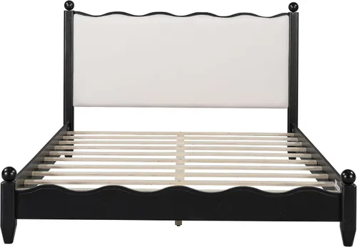 Vista 5 de Merax Base de cama moderna de madera maciza con cabecera tapizada, marco de plataforma rústica tamaño Queen con patas de madera resistentes, no Tela