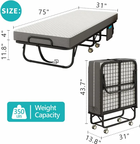 Vista 2 de Cama plegable con colchón para adultos, 75" x 31" cama rodante portátil tamaño catre, cama plegable de invitados con marco de metal con colchón