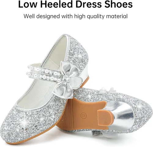Vista 4 de Zapatos de vestir para niñas pequeñas, zapatos de princesa con flores, tacones bajos, fiesta, boda, para niños pequeños y grandes