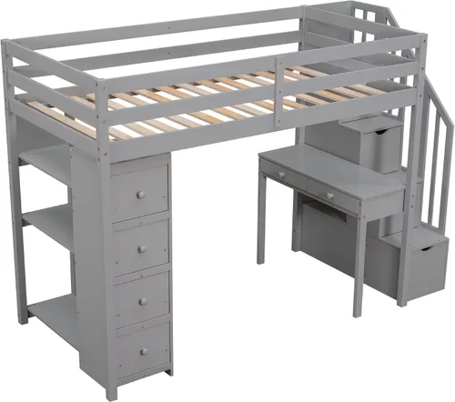 Vista 4 de DEINPPA Cama tipo loft de tamaño individual con escritorio integrado y 5 cajones de almacenamiento, cama alta de madera con escaleras de Gris