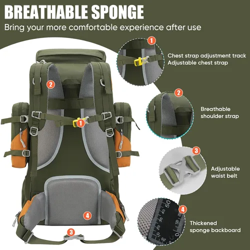 Vista 3 de Bseash 70L (65+5) Mochila impermeable para senderismo camping con cubierta para lluvia, mochila de viaje deportiva al aire libre para escalada
