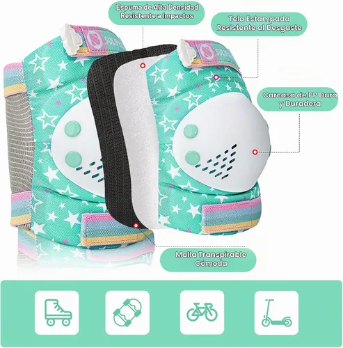 Vista 2 de SULIFEEL Rainbow Unicorn - Patines para niños con equipo de protección ajustable, verde, talla S