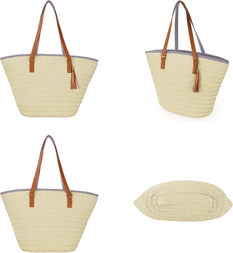 Vista 3 de Bolso grande de paja para mujer, bolso de playa con borla para el verano