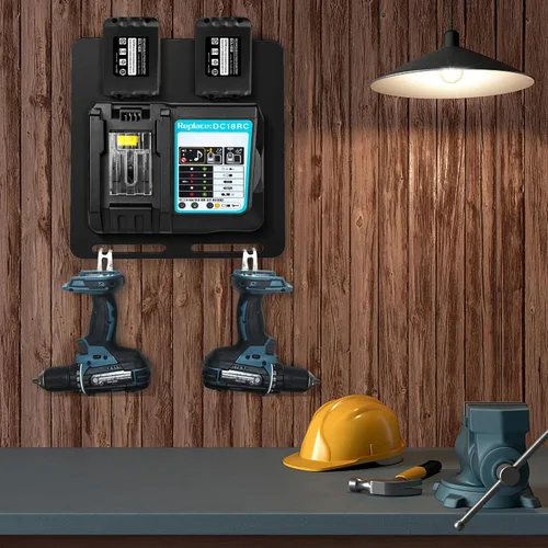 Vista 7 de Soporte de pared para baterías y cargadores Makita, para cargador DC18RC, para batería Makita de 18 V 14.4 V, soporte estable de 2