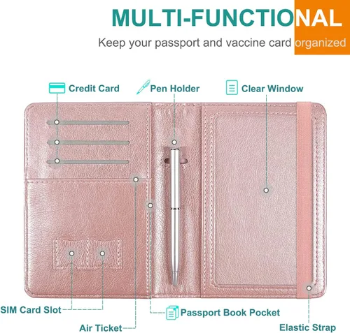 Vista 3 de RSAquar Combo de portatarjetas de pasaporte y vacunación, funda de pasaporte, funda de cuero para tarjetas de viaje, accesorios con bloqueo RFID