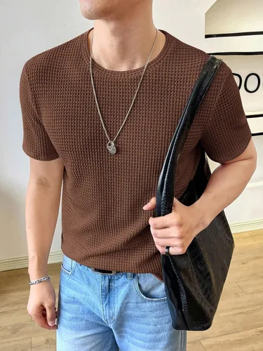Vista 5 de WDIRARA Camiseta de punto gofre de manga corta con cuello redondo para hombre