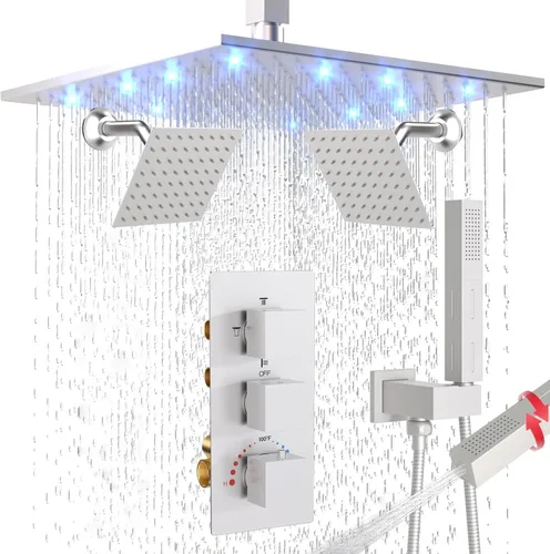 Vista 16 de Enga Juego de grifo de ducha termostático, cabezal de ducha LED de 12 pulgadas con cabezal de ducha doble de 6 pulgadas, juego de grifo de ducha