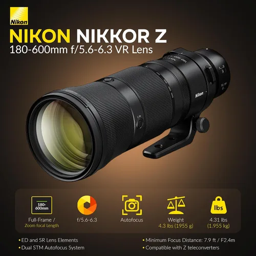 Vista 2 de Nikon NIKKOR Z 7.087-23.622 in f/5.6-6.3 VR Super-teleobjetivo zoom lente marco completo + envoltura de lente, pantalla de lente flexible, limpiador