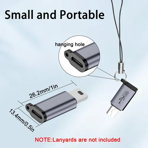Vista 6 de QIANRENON Adaptador mini USB macho a USB C hembra de 480 Mbps de 18 W, conector USB a conector de datos, aleación AL/agujero para colgar
