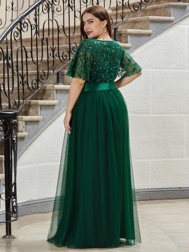 Vista 2 de Ever-Pretty Vestido de fiesta de noche de tul con lentejuelas y cuello redondo de talla grande para mujer 0904-PZ