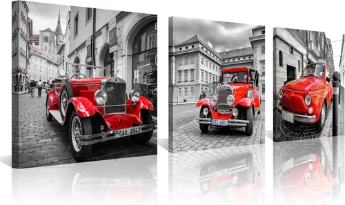 Vista 2 de 3 piezas de lienzo rojo vintage para automóvil clásico con arquitectura histórica, automóvil antiguo en blanco y negro, fotografía callejera, arte
