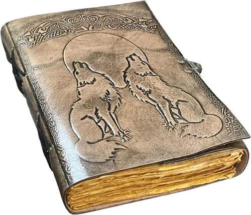 Vista 6 de Wolf Leather Journal with Moon Embossed Twin Wolf Grimoire Vintage Deckle Edge Paper Spell Book of Shadows Gothic Wiccan Notebook & Sketchbook