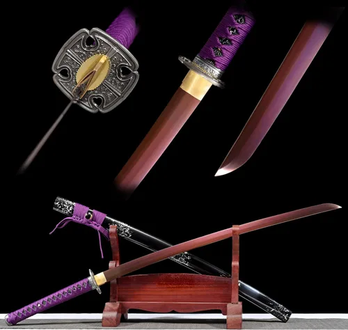 Vista 2 de Katana morada hecha a mano de espiga completa samurái japonesa larga espada de anime cuchillo de 41 pulgadas