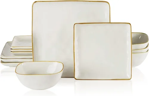 Vista 2 de famiware Juego de 3 platos rectangulares para servir y vajilla para 4 (12 unidades), color blanco vainilla