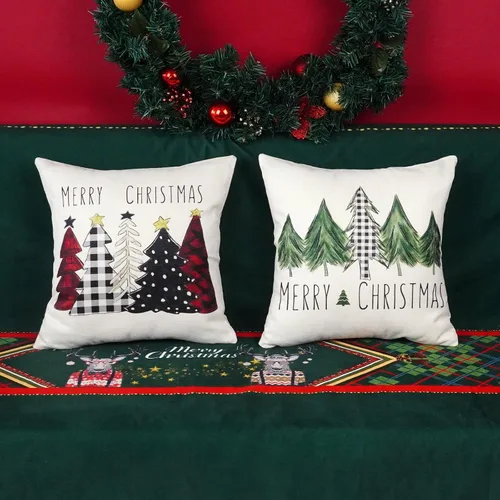 Vista 2 de ONWAY Juego de 2 fundas de almohada de Navidad de 16 x 16 pulgadas, fundas de almohada de Navidad de búfalo rojo a cuadros, color negro y verde Beige