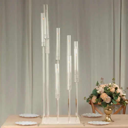 Vista 4 de Efavormart - Candelabro de acrílico transparente con 9 brazos, soporte para velas con base cuadrada, 4 pies de alto