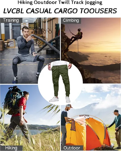 Vista 5 de LVCBL Pantalones cargo de algodón para hombre con cordón en la cintura, pantalones cargo ajustados