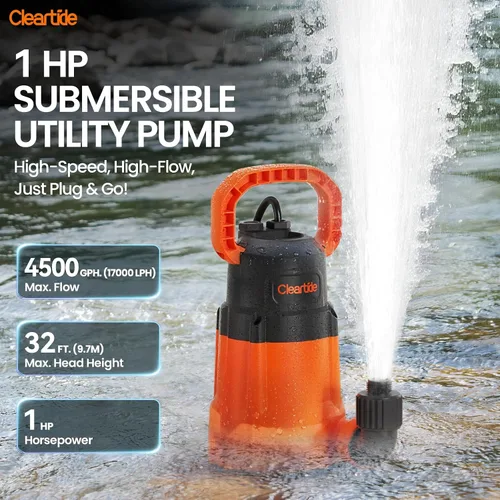 Vista 2 de Cleartide Bomba de agua sumergible de 1 HP, bomba de sumidero de 4500 GPH, enchufe portátil y trabajo para estanque, riego de jardín, piscina