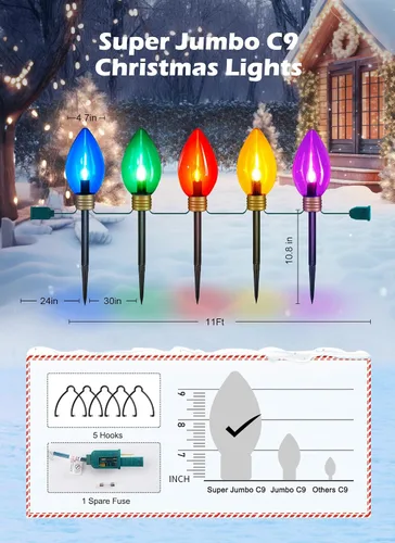 Vista 2 de Luces de cadena navideñas súper jumbo de 11 pies con 5 LED o luces marcadoras de sendero, decoraciones navideñas para exteriores - luces colgantes