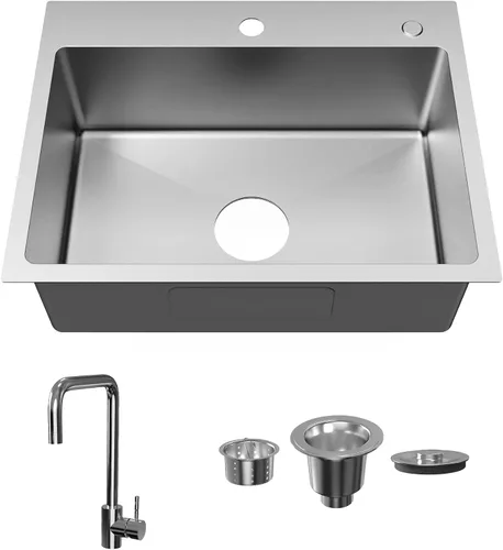 Vista 10 de Fregadero de cocina empotrable de 20" x 16" de acero inoxidable 304 de un solo compartimento montaje superior para bar con kit de drenaje y rejilla