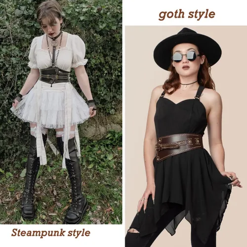 Vista 2 de Scarlet Darkness Cinturón de corsé Steampunk para mujer, cinturón de cuero elástico y ancho, cinturón de disfraz S-2XL