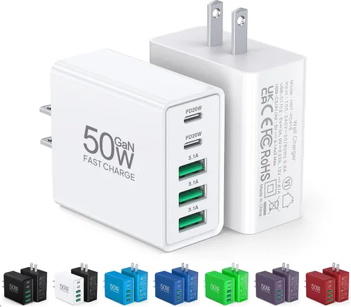 Vista 12 de [Paquete de 2] Cargador de pared USB C, bloque de cargador USB C de 50 W, bloques de carga rápida PD de 5 puertos, 2USB C + 3USB A enchufe