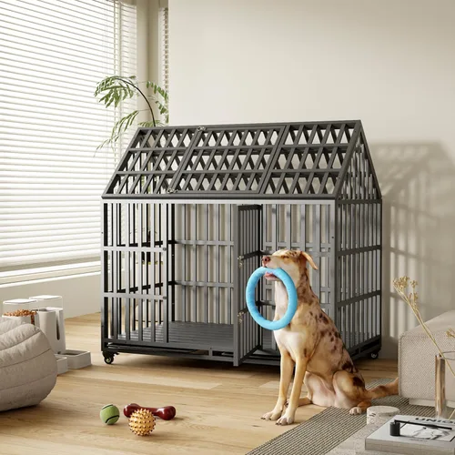Vista 11 de Jaula indestructible para perros de 44 pulgadas, resistente a escapes, con techo puntiagudo para perros grandes y medianos de alta ansiedad, jaula