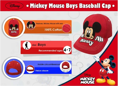 Vista 4 de Disney Mickey Mouse Peak-A-Boo Baseball Cap Age 4-7 -100 Cotton